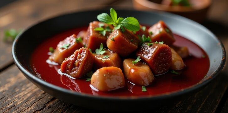 Tender beef chunks simmered in deep red wine gravy , gravy, overhead shot, food photography