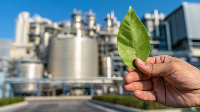 A green leaf held beside a factory highlights industrial sustainability, cleaner production, environmental protection, corporate accountability, and natural resource care.
