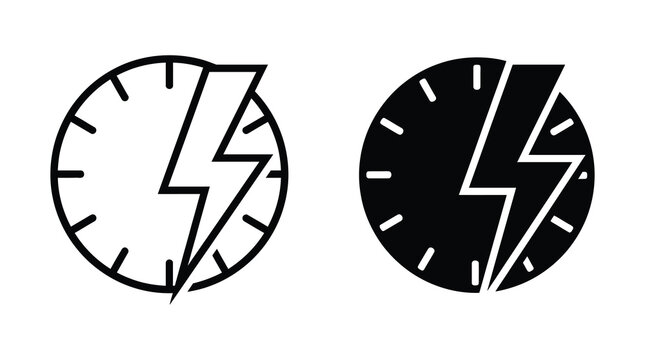 Lightning bolt clock icon outline and solid style vector illustration set