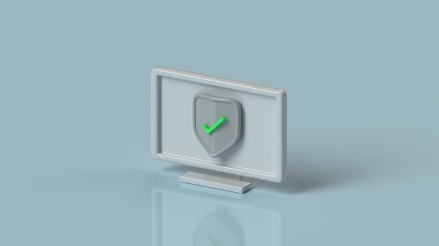 Security shield with a check mark on a computer monitor. Concept of cybersecurity, protection, secure access, privacy, verification and digital safety. 3D Render Animation