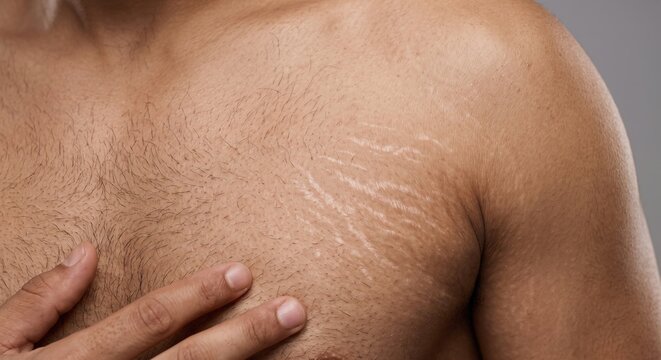Close up of a man's chest and shoulder displaying white stretch marks and skin blemishes