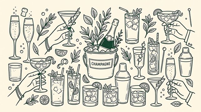 Cocktails collection line art illustration with champagne bucket and drinks in hands vector set
