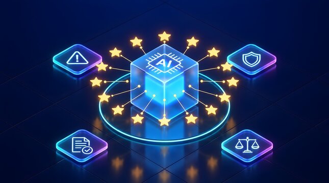 Glowing AI digital cube surrounded by yellow stars and neon security compliance icons highlighting technology regulation and cyber policy framework
