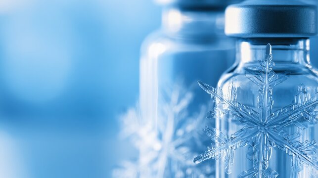 A snowflake beside a medicine vial illustrates controlled refrigeration, medical supply chain reliability, vaccine preservation, and secure delivery of sensitive treatments.
