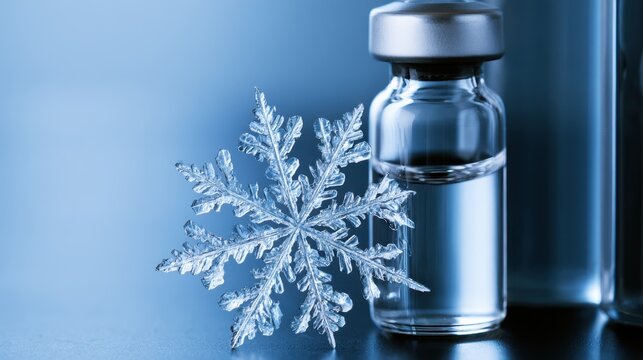 Combining a medical vial with a snowflake highlights pharmaceutical cold storage, vaccine safety, temperature stability, and efficient healthcare distribution.
