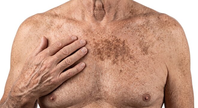 Bare chest of an elderly man exhibiting extensive sun damage, age spots, and hyperpigmentation