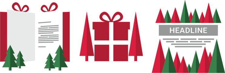 Christmas winter holiday vector template collection featuring red gift boxes green pine trees open present boxes and festive headline layouts for greetings © MD TUHIN
