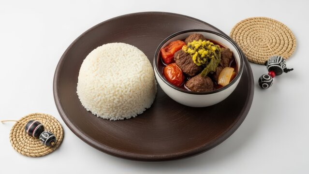 Authentic African nsima and braised beef stew with mustard greens served on rustic unglazed pottery with traditional beads, handwoven reed mat, and large negative space.