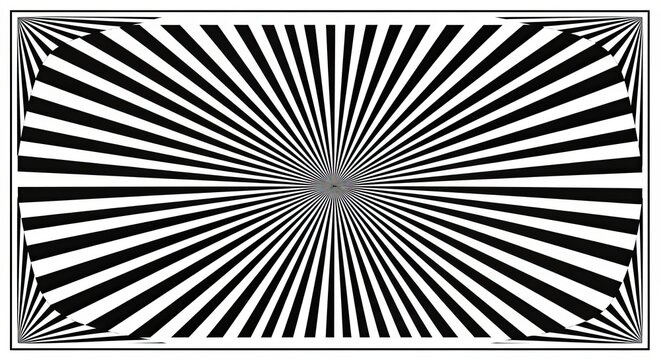 Black and white sunburst pattern with radiating lines in a rectangular frame