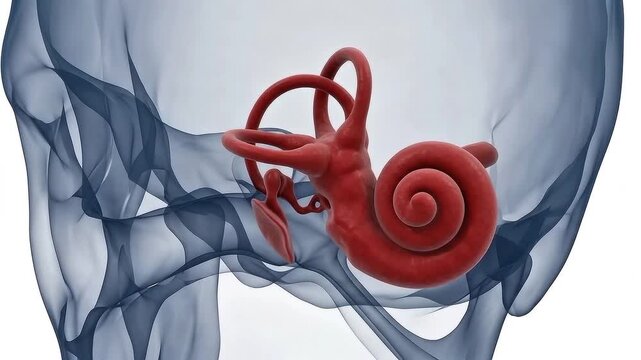 3D medical illustration of the human inner ear anatomy featuring the cochlea and semicircular canals