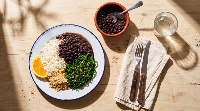 Top view of Brazilian rice beans farofa and collard greens plate