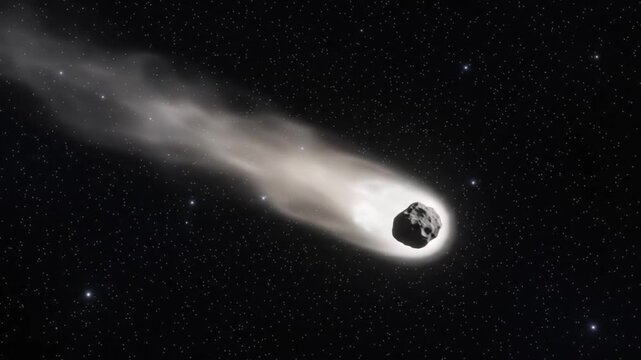 Comet Traveling Through Dense Star Field with Glowing Dust Tail