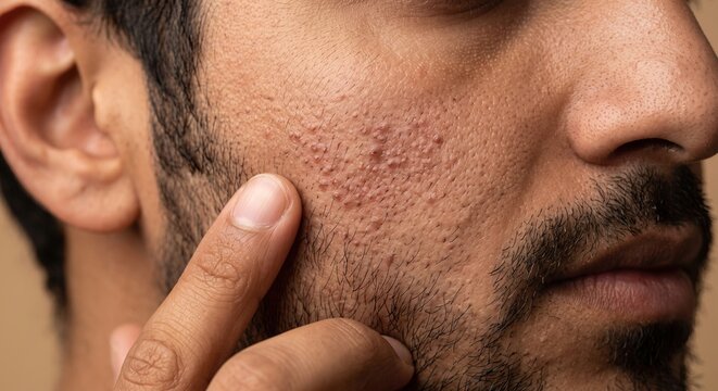 Close-up of a young man touching his cheek displaying severe acne, blackheads, and congested pores
