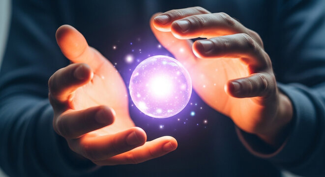 Person holding a glowing purple energy sphere between hands for