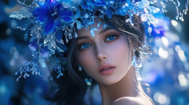 Young woman with blue eyes wearing a sparkling floral crown for
