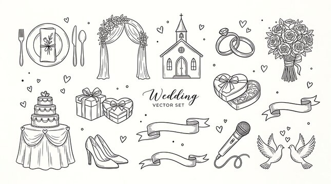 Wedding vector set hand drawn doodle elements collection with cake rings church bouquet gifts and doves