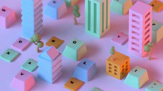 3D render seamless loop animation of a stylized miniature city with pastel buildings, trees and moving keyboard keys, illustrating a playful digital urban landscape.