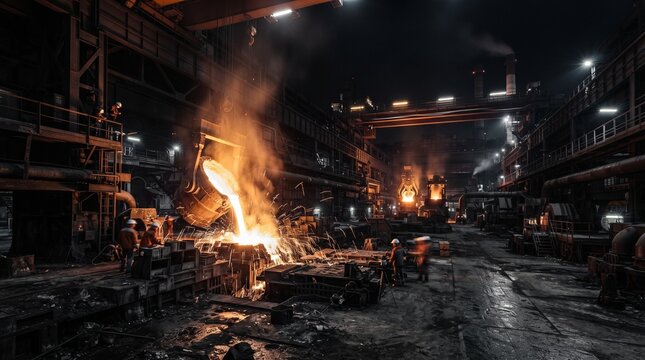 Steel foundry glowing molten metal