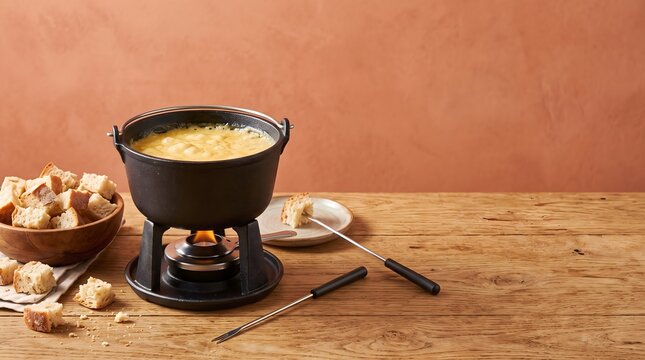 Traditional Swiss cheese fondue simmering in cast iron pot with bread cubes on rustic wooden table with copy space