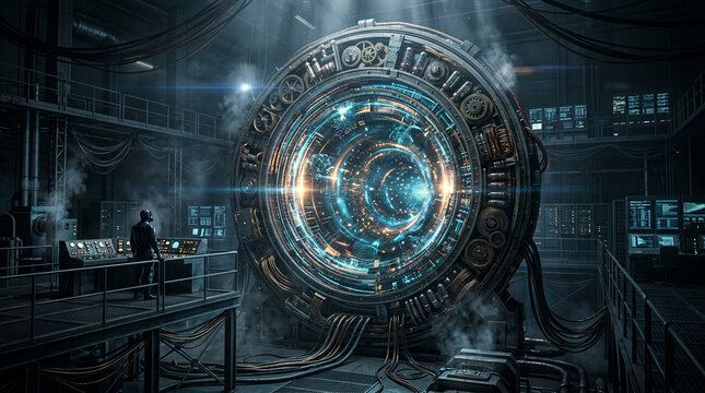 Futuristic scientist examining glowing holographic energy core in