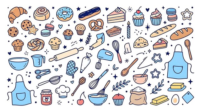 Bakery and baking doodle set with sweet pastries breads and kitchen tools in hand drawn style