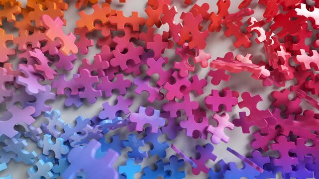 Colorful jigsaw puzzle pieces falling. Concept of problem solving, ideas, connection, chaos, creativity and teamwork. 3D Render Animation