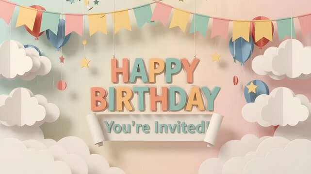 Happy birthday text background with Paper Cut Clouds and Copy Space for Banner or Party Invitation 4K Video Resolution
