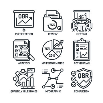 Business Icons: QBR Presentation, Review, Meeting, Analysis, KPI, Action Plan, Milestones, Infographic, Completion