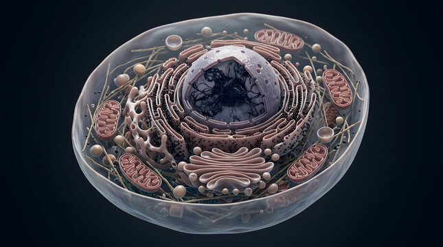 Microscopic view of a detailed animal cell structure showing organelles