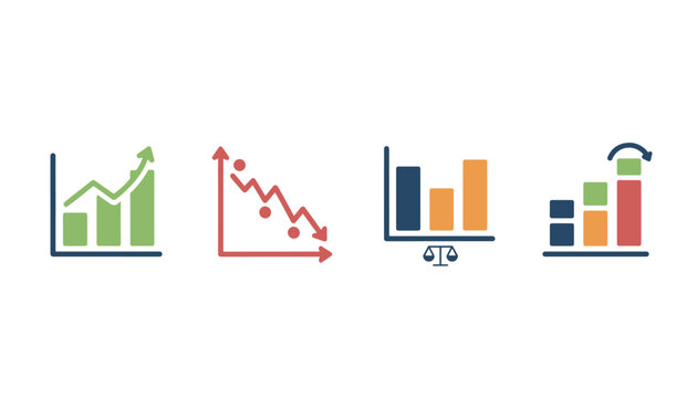 Four colorful business chart and graph icons showing market trends, financial decline, and balanced statistics.