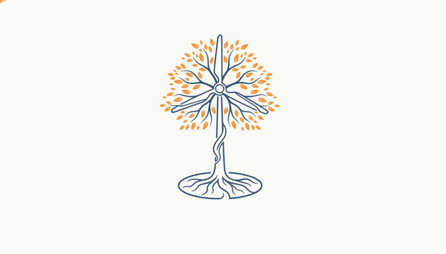 Innovative concept of a wind turbine seamlessly transformed into a tree with orange leaves on a beige background.