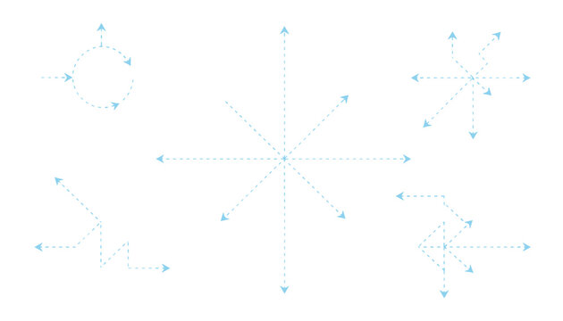Set of five dashed blue vector arrow diagrams illustrating circular flow, radial expansion, and direction paths.