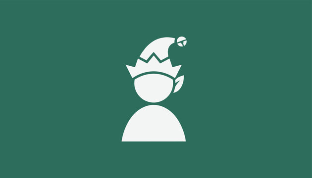 Flat vector icon of a Christmas elf head silhouette wearing a pointy hat with a bell on a solid dark green background.