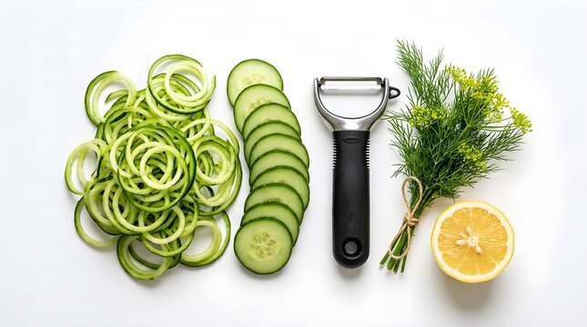 Fresh cucumber zucchini spiralizer with lemon and herbs for healthy