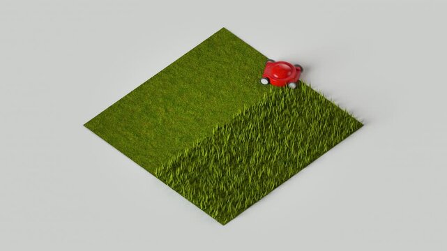 3D render seamless loop animation of a red robotic lawn mower trimming a square patch of tall green grass in orderly passes, viewed from an isometric angle.