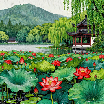Rainy Lotus Lake with Chinese Pavilion