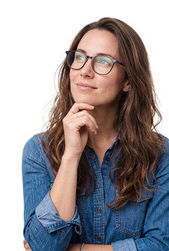 Thoughtful Woman in Denim Shirt Isolated on Transparent Background