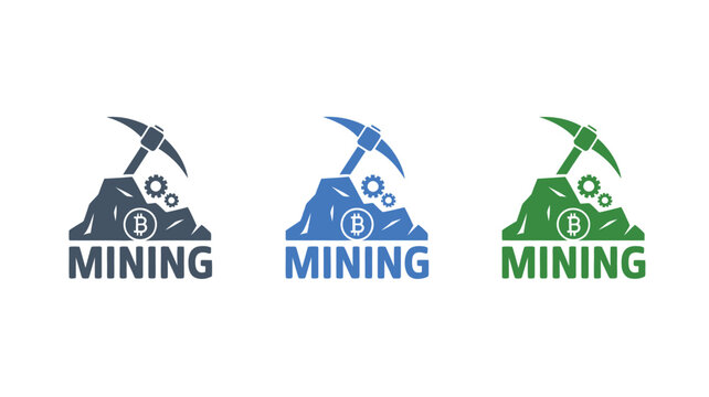 Bitcoin mining flat logos depicting pickaxe striking rocky mountain with gears and bold text in dark gray slate blue and forest green color palette.
