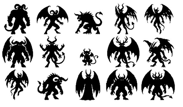 Horned Winged Demon Silhouette Pixel Art Fantasy Character Set