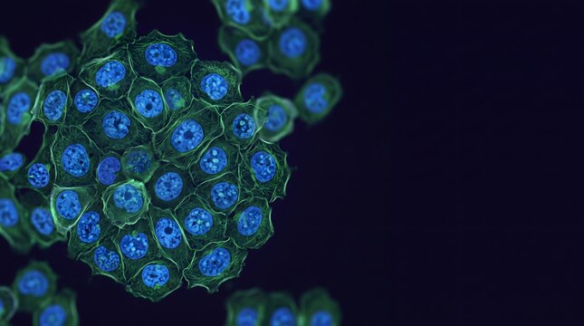 Microscopic view of human cells with blue nuclei and green membranes