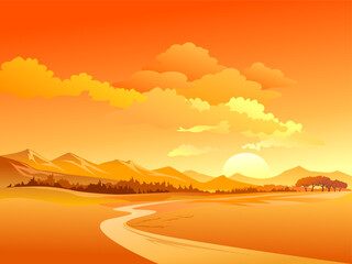 Naklejka premium Minimalist Mountain Landscape at Sunset Vector Illustration with Grass Field and Big Sun