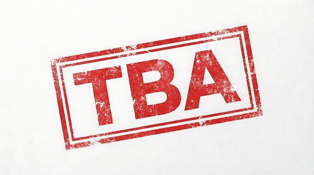 Red TBA grunge rubber stamp design for to be announced announcements and upcoming events