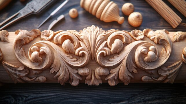 Masterful wood carving tools and intricate floral design showcase traditional craftsmanship in artisan workshop
