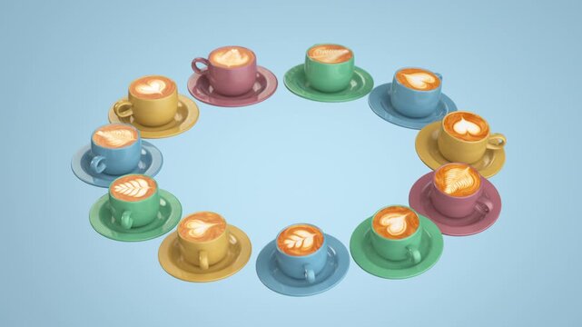 3D render animation of colorful coffee cups with latte art rotating in a circular formation on a blue background.
