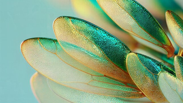 Macro insect wings with iridescent green and gold colors closeup