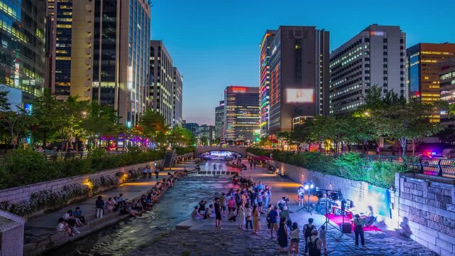 View of Cheonggyecheon stream at night, Seoul, South Korea.