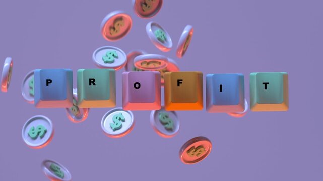 3D render animation of colorful keyboard keys spelling PROFIT as dollar coins tumble around them against a purple background, illustrating earnings and business income.