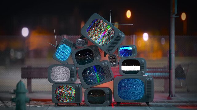 Pile of vintage CRT televisions showing analog static, noise, glitches and interference in a nighttime urban setting. Broadcast failure, media chaos and technology concept. 3D Render Loop Animation
