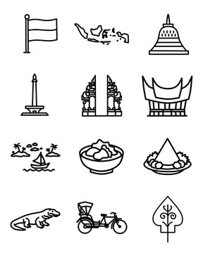 Indonesia Travel Culture Line Icon Set - Borobudur, Monas, Bali Gate, Komodo, Raja Ampat