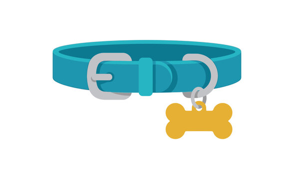 Dog collar with silver buckle and bone shaped tag on white background